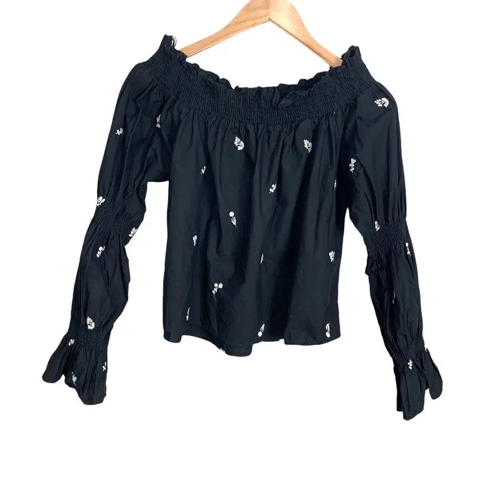Zara Trafaluc Black White Off Shoulder Top Floral Embroider Puff Sleeve Blouse S